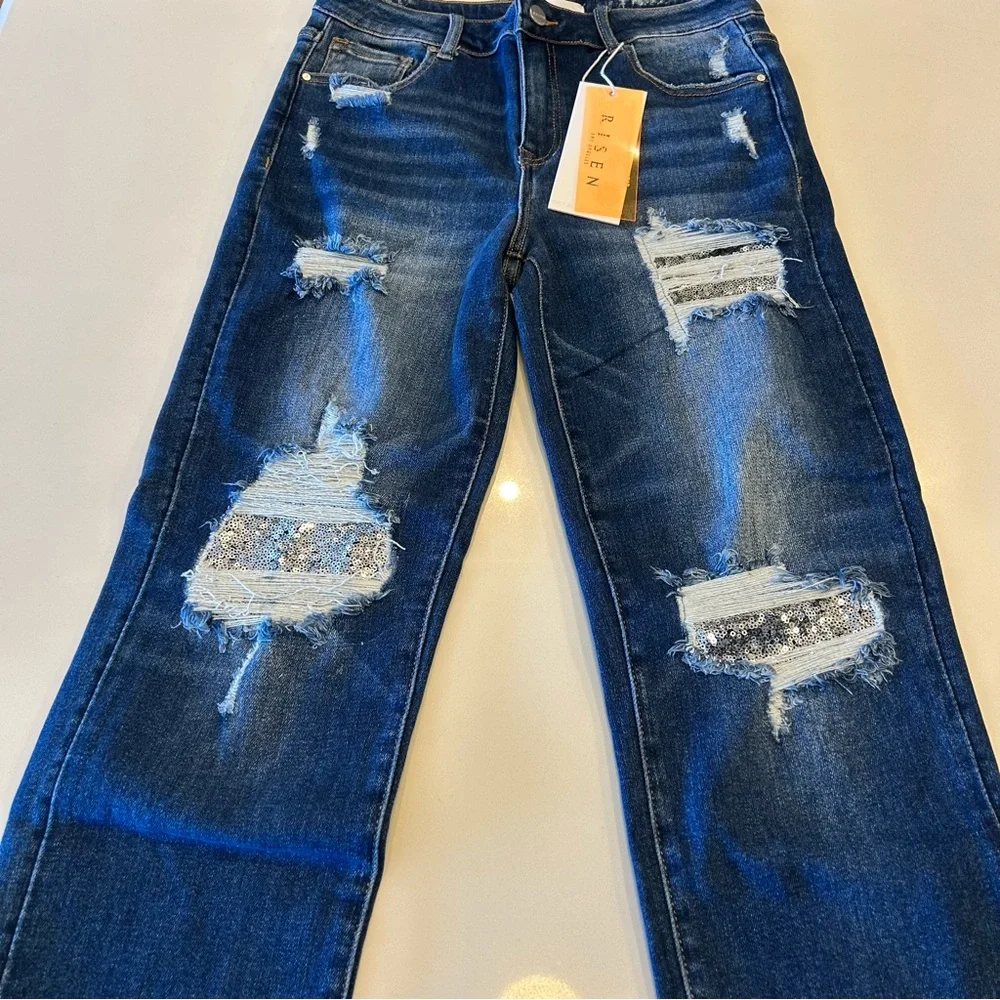 RISEN Jeans, size 9/29, Medium Wash, Silver Sequined Patches Behind Distressing - Picture 5 of 5
